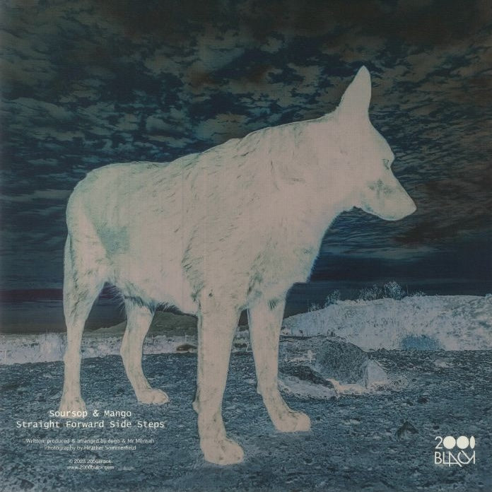 Contraportada del vinilo 12" 2000 Black – Soursop & Mango con la imagen invertida de un perro claro y créditos impresos sobre el paisaje oscuro.