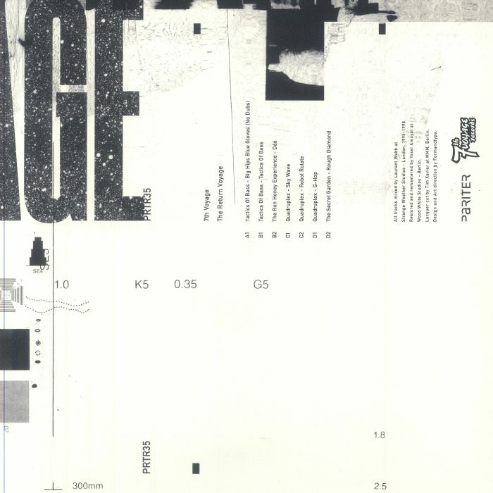 Portada trasera del vinilo 7th Voyage - The Return Voyage (Pariter, doble 12"). Muestra el tracklist, créditos y detalles gráficos con estética experimental.