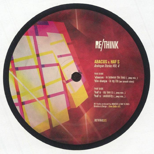 Etiqueta central del vinilo Abacus & Haf S – Analogue Stories Vol 4 en formato 12" de Re:Think Recordings, lado A con listado de pistas, créditos de producción y número de catálogo visible.