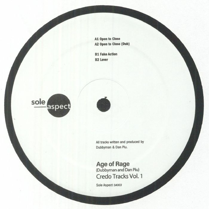 Portada delantera del vinilo Age Of Rage – Credo Tracks Vol. 1, lanzado por Sole Aspect en formato 12" limitado. Lista de canciones y créditos impresos en la etiqueta.