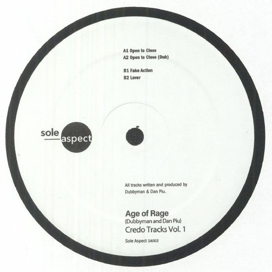 Portada delantera del vinilo Age Of Rage – Credo Tracks Vol. 1, lanzado por Sole Aspect en formato 12" limitado. Lista de canciones y créditos impresos en la etiqueta.