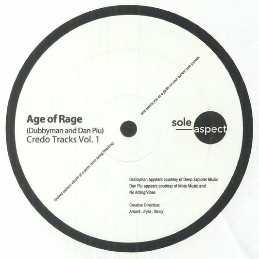 Portada trasera del vinilo Age Of Rage – Credo Tracks Vol. 1 de Sole Aspect, edición 12" limitada. Créditos de producción y dirección creativa impresos en la etiqueta.
