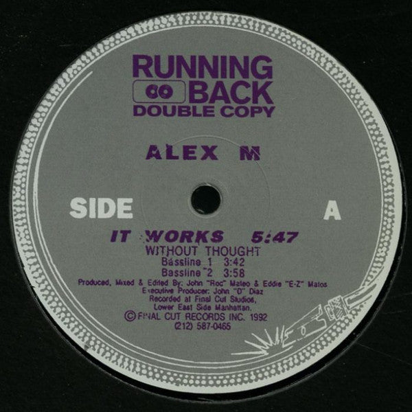 Portada delantera del vinilo Alex M – It Works. Sello Running Back Double Copy, formato 12". Lado A con lista de canciones y detalles de crédito.
