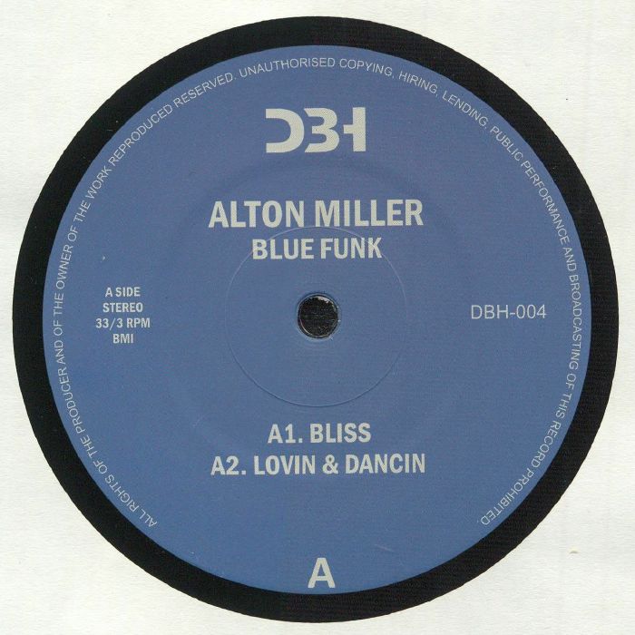 Portada delantera del vinilo Alton Miller – Blue Funk, lanzado por DBH Records. Incluye los créditos y los títulos de las canciones del lado A.