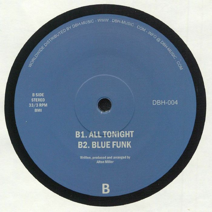 Contraportada del vinilo Alton Miller – Blue Funk, lanzado por DBH Records. Muestra los títulos de las canciones del lado B y créditos.