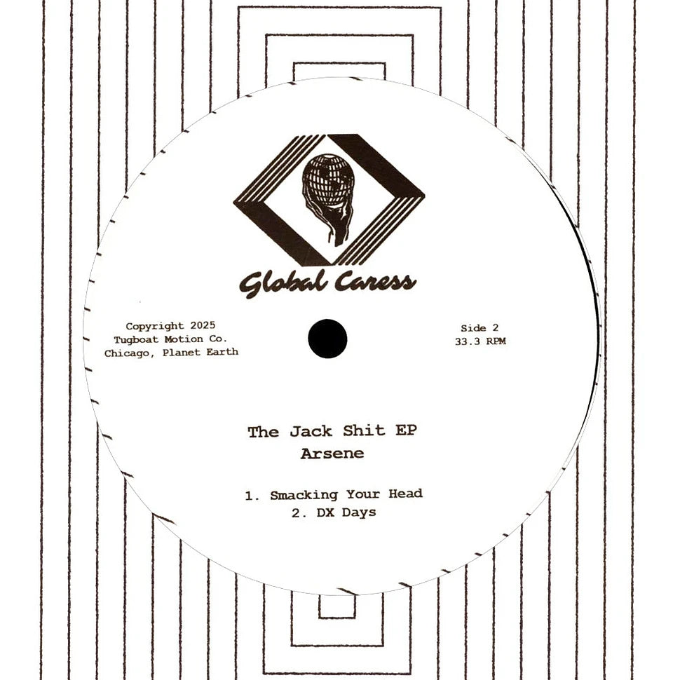 Etiqueta central del lado B del vinilo Arsene – The Jack Shit EP con créditos de Tugboat Motion Co. y tracks “Smacking Your Head” y “DX Days”.