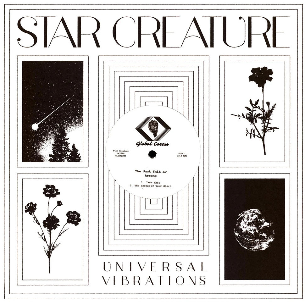 Portada del vinilo Arsene – The Jack Shit EP editado por Star Creature, con diseño cósmico en blanco y negro y estética retro-futurista.
