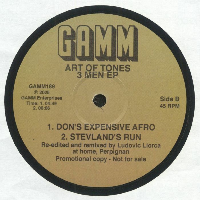 Lado B del vinilo 12" de Art Of Tones – 3 Men EP publicado por el sello G.A.M.M. Texto impreso: “Don’s Expensive Afro” y “Stevland’s Run”, reeditados por Ludovic Llorca.