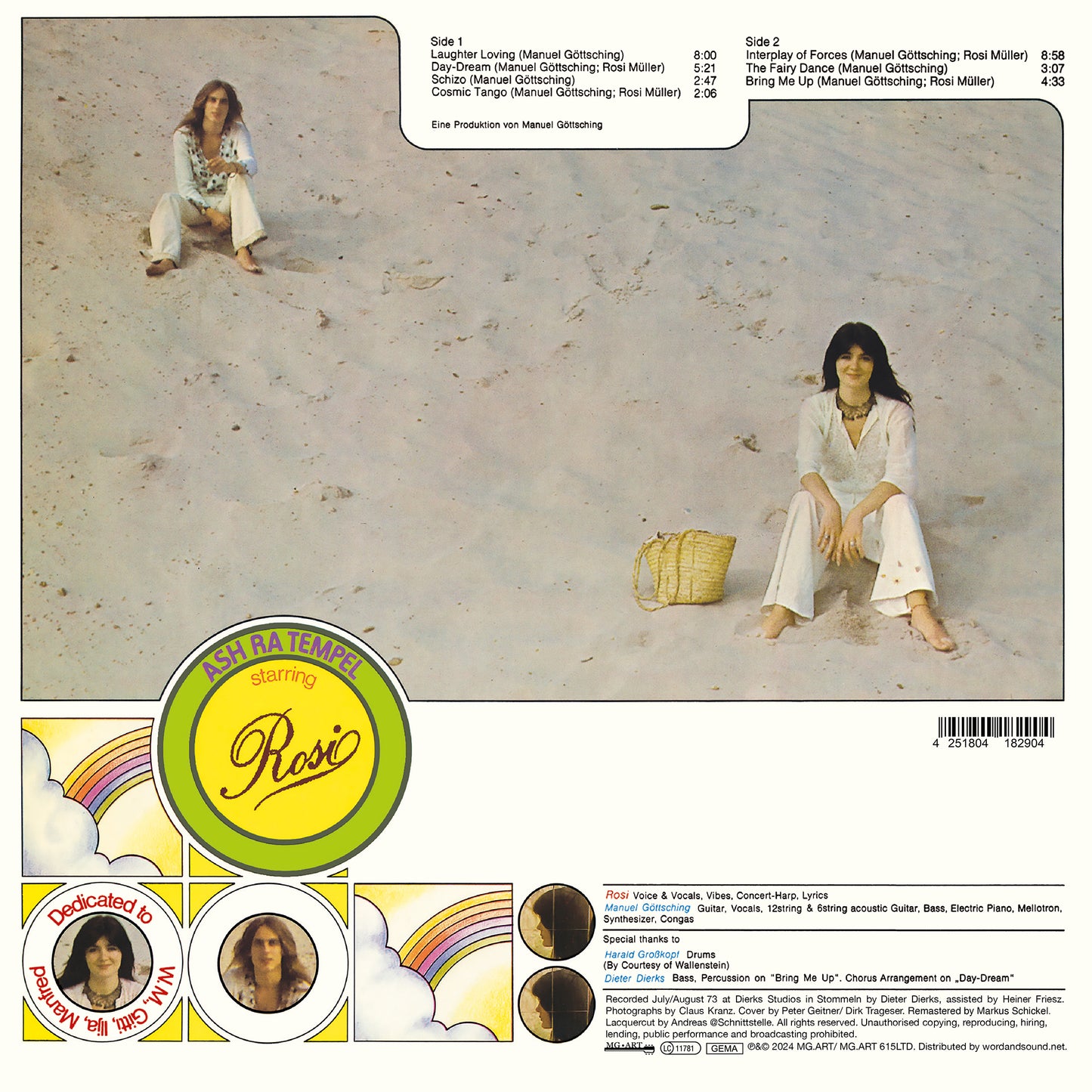 Contraportada del vinilo Ash Ra Tempel – Starring Rosi (MG.ART, LP). Muestra la lista de canciones, créditos de grabación y una foto de Manuel Göttsching y Rosi Müller.