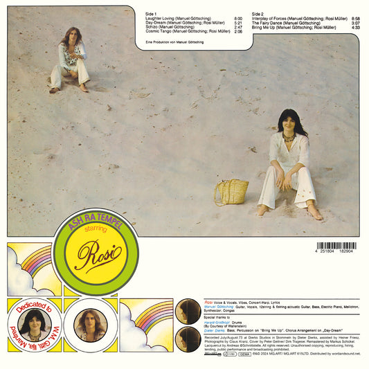 Contraportada del vinilo Ash Ra Tempel – Starring Rosi (MG.ART, LP). Muestra la lista de canciones, créditos de grabación y una foto de Manuel Göttsching y Rosi Müller.