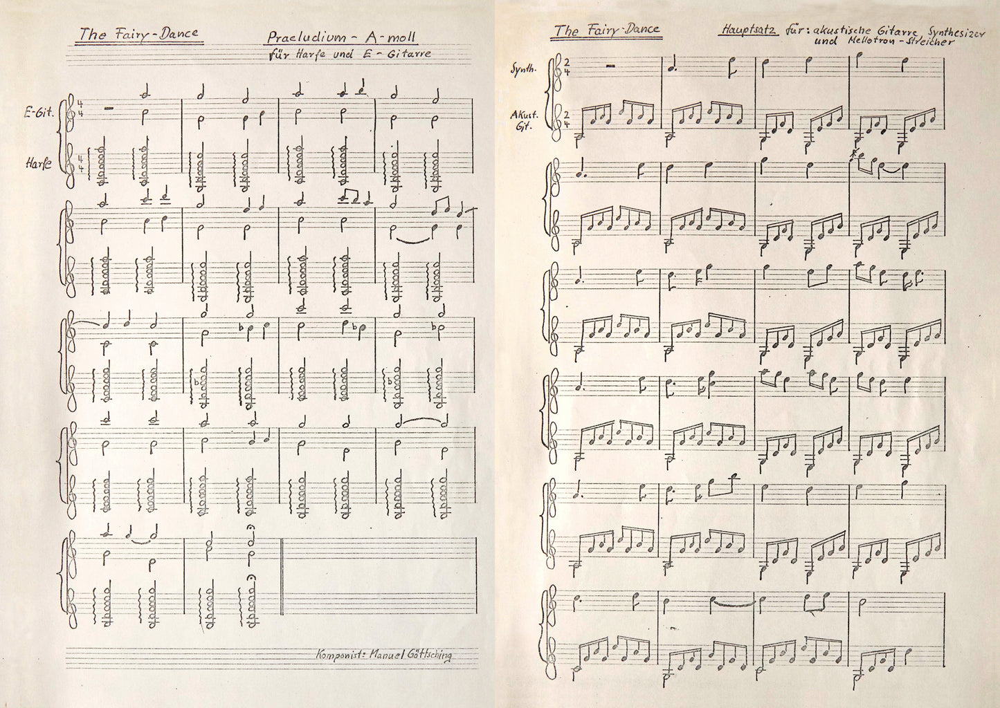 Página de la partitura original escrita a mano de "The Fairy Dance" de Ash Ra Tempel – Starring Rosi (MG.ART, LP). Composición de Manuel Göttsching para arpa y guitarra eléctrica.