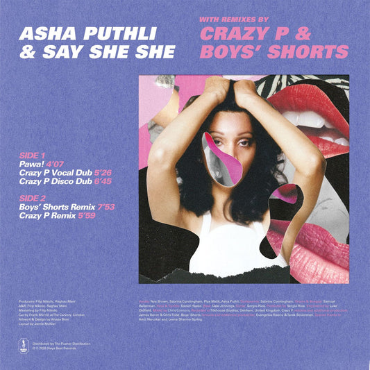 Contraportada del vinilo Asha Puthli & Say She She – Pawa!, Naya Beat Records 12" Maxi-Sencillo con tracklist, remixes y créditos visibles en fondo azul.