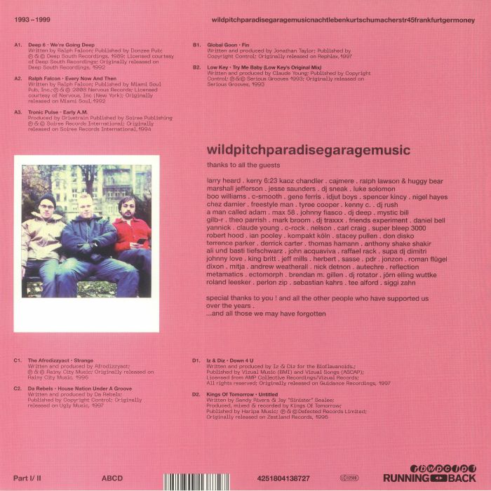 Contraportada del vinilo Running Back Mastermix Presents Wild Pitch Club Part I/II de Ata & nd_baumecker, publicado por Running Back. Incluye lista de canciones, créditos y agradecimientos.