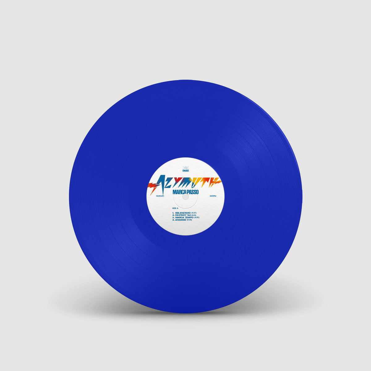 Etiqueta central del lado A del vinilo Azymuth – Marca Passo mostrando 4 pistas, créditos, logo y duración visible.
