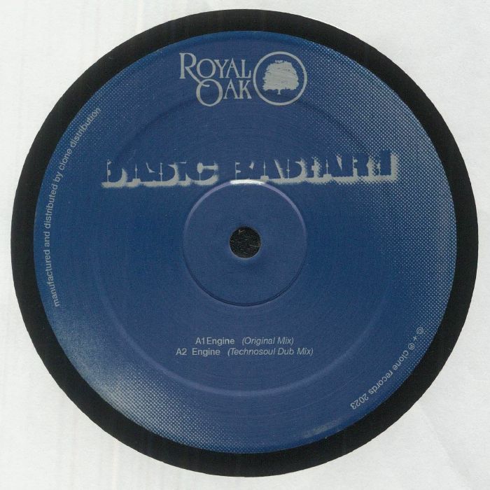 Etiqueta central lado A del vinilo Basic Bastard – Engine / Rise en Royal Oak 12", mostrando pistas Engine original y Technosoul Dub."
