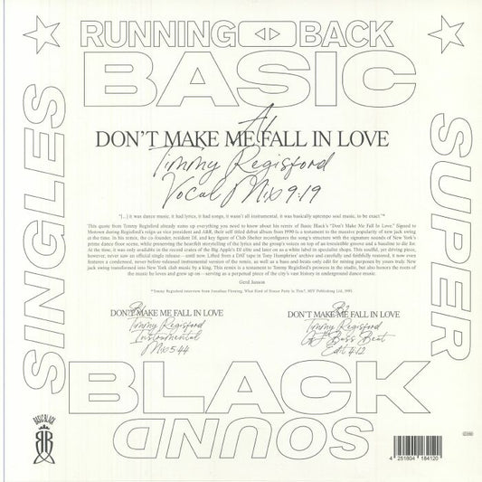 Portada trasera del vinilo de Basic Black – Don’t Make Me Fall In Love, editado por Running Back Super Sound Singles. Incluye créditos, duración y mezclas.