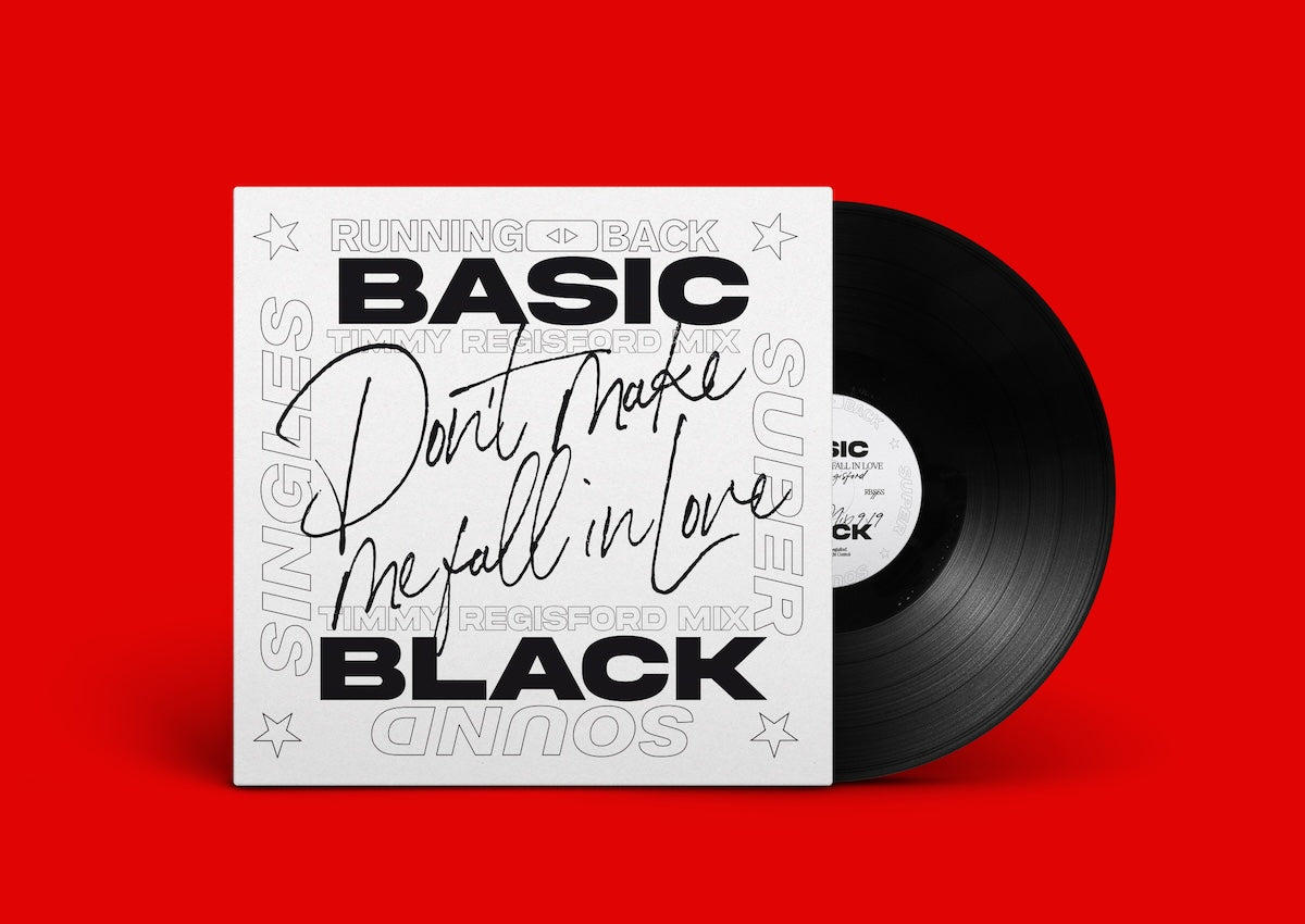 Vinilo 12" del tema Don’t Make Me Fall In Love de Basic Black. Texto impreso no disponible en esta imagen.