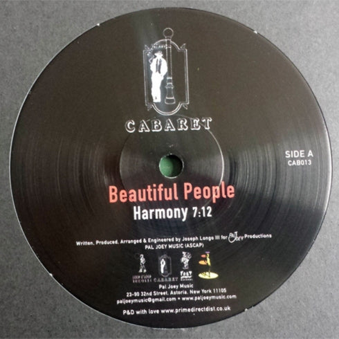 Portada delantera del vinilo de Beautiful People – Harmony / I Got The Rhythm publicado por Cabaret. Impreso: lado A con título “Harmony”, duración 7:12 y créditos de producción.