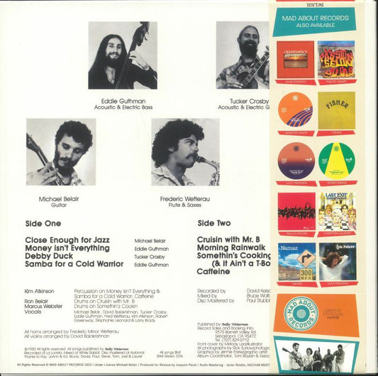 Contraportada del vinilo Belair - Relax, You're Soaking In It. Publicado por Mad About Records, incluye créditos, fotos de músicos y tracklist.