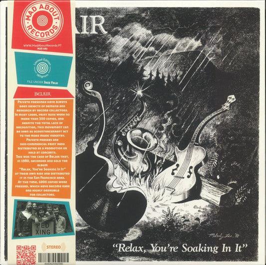 Vinilo Belair - Relax, You're Soaking In It lanzado por Mad About Records. Edición LP con arte surrealista en blanco y negro.