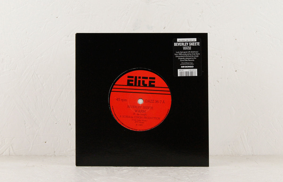 Funda negra del vinilo Beverley Skeete – Warm / If The Feeling Is Right, con etiqueta roja y sticker de Mr Bongo.