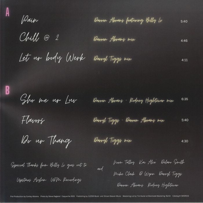 Contraportada del vinilo Billy Lo - Billy Lo, editado por Cosmocities Records en formato 12". Lista de canciones y créditos en fondo negro con tipografía estilizada.