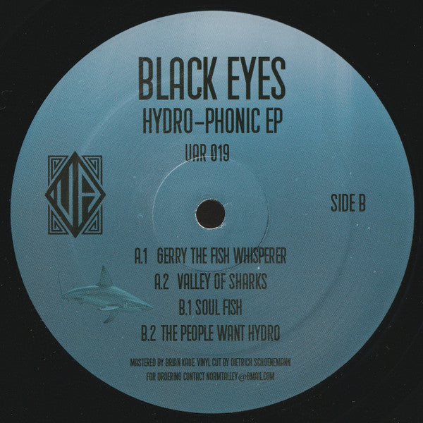 Vinilo Black Eyes – Hydro-Phonic EP 12" EP etiqueta azul con tracklist A1-A2-B1-B2, catálogo UAR019 y diseño acuático.