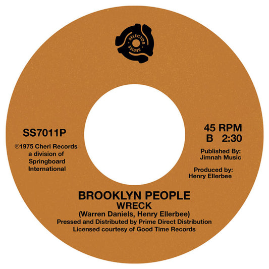 Portada trasera del vinilo de Brooklyn People – Peace And Love, editado por Selector Series en formato 7", reedición estéreo para DJs. Texto impreso: lado B con el track "Wreck", duración 2:30, créditos a Warren Daniels y Henry Ellerbee.