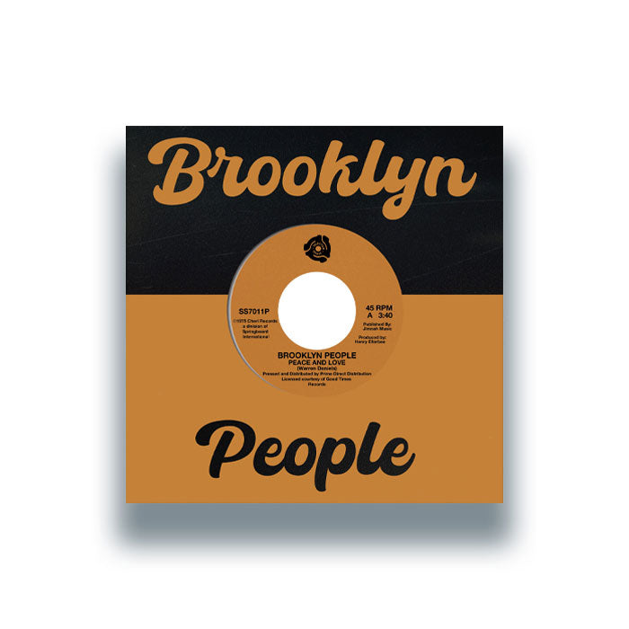 Portada frontal del vinilo 7" Brooklyn People – Peace And Love (Selector Series, reedición estéreo para Record Store Day). Texto impreso: Brooklyn People con diseño retro en tonos marrón y negro.