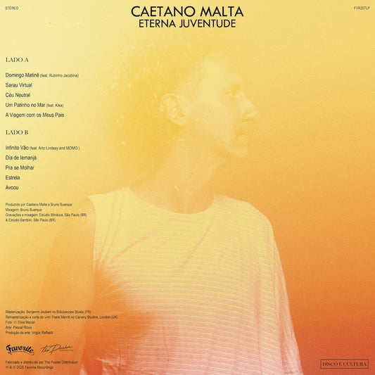 Contraportada del vinilo Caetano Malta – Eterna Juventude con retrato naranja, tracklist, créditos y catálogo FVR207LP.