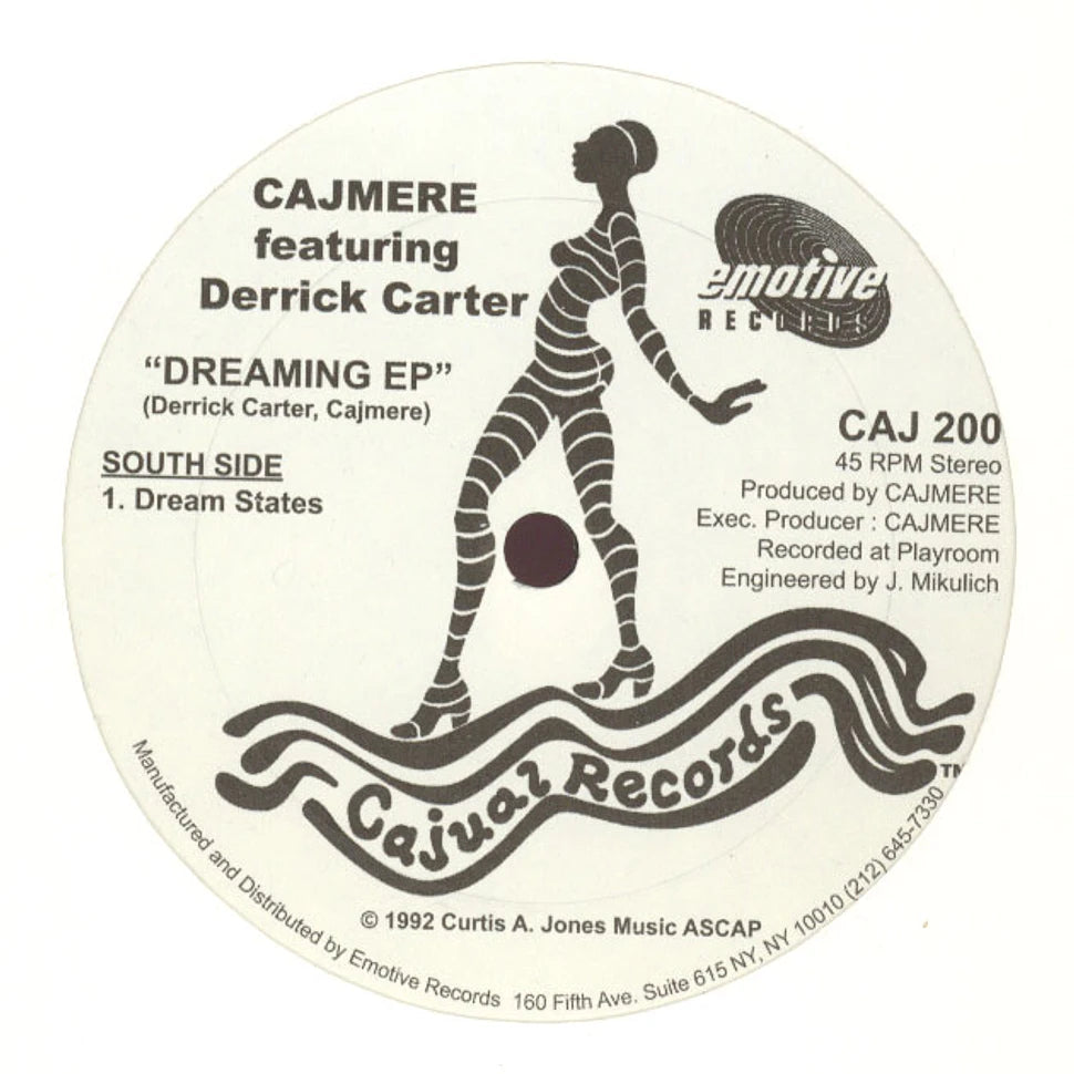 Portada trasera del vinilo 12" EP de Cajmere – Brighter Days / Dreaming EP, lanzado por Cajual Records. Texto impreso: lado South Side con "Dream States", colaboración con Derrick Carter, producido en Playroom.