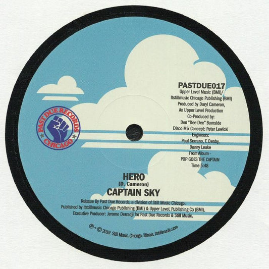 Etiqueta central de vinilo Captain Sky – Moonchild en el lado B con pista “Hero”, duración visible, créditos de producción y logo Past Due.