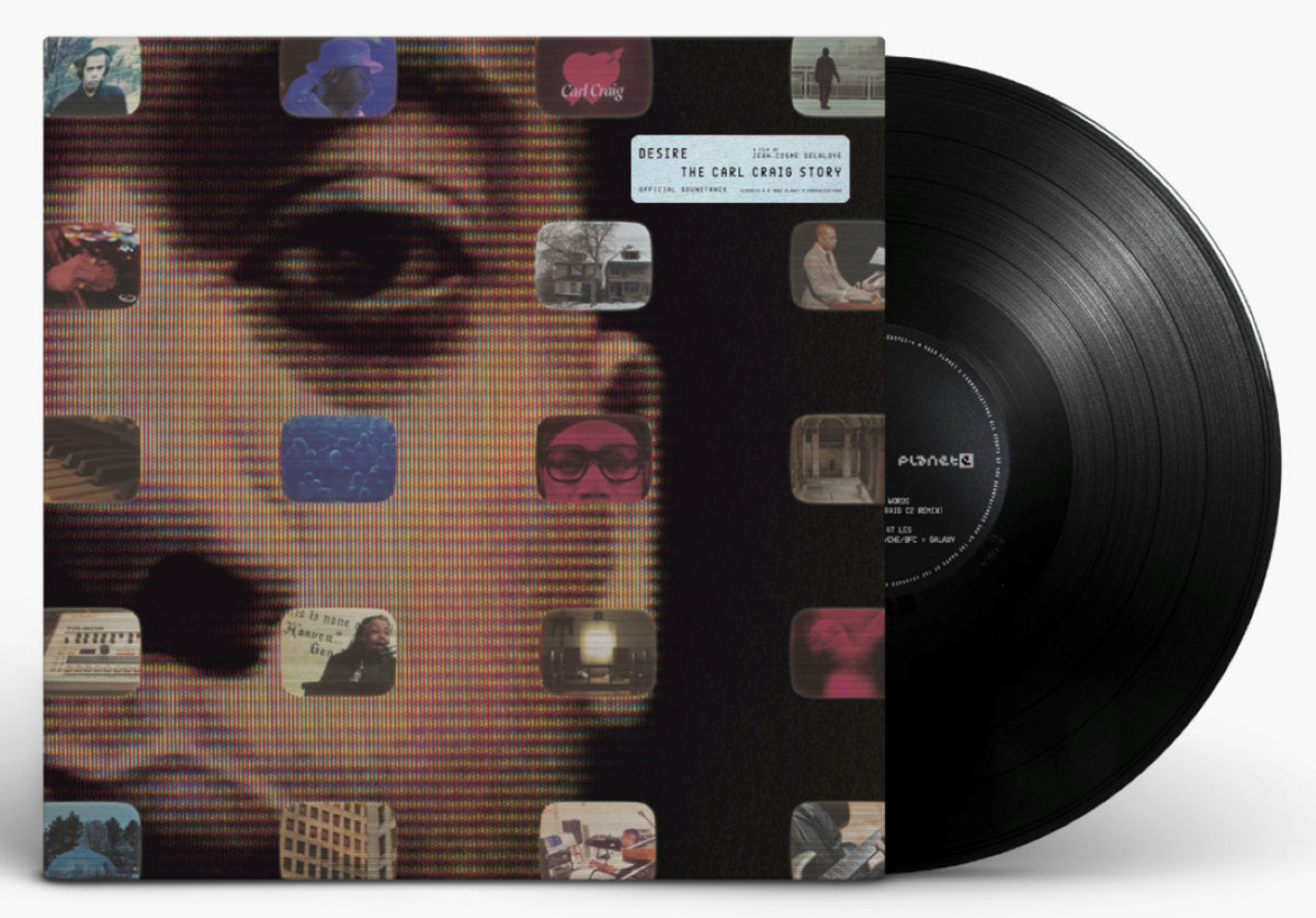 Vinilo Carl Craig – Desire: The Carl Craig Story en Planet E, disco negro parcialmente fuera de la funda con la portada pixelada de la compilación 2xLP.