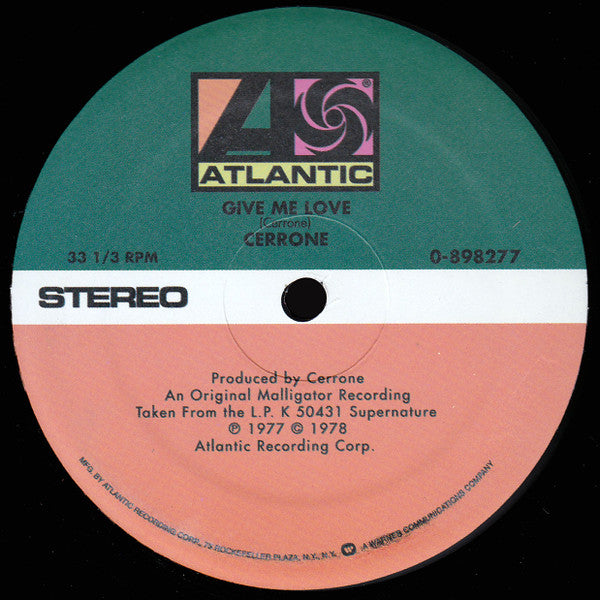 Contraportada del vinilo Cerrone – Supernature (Atlantic, 12"). Incluye créditos de producción y detalles del lanzamiento.