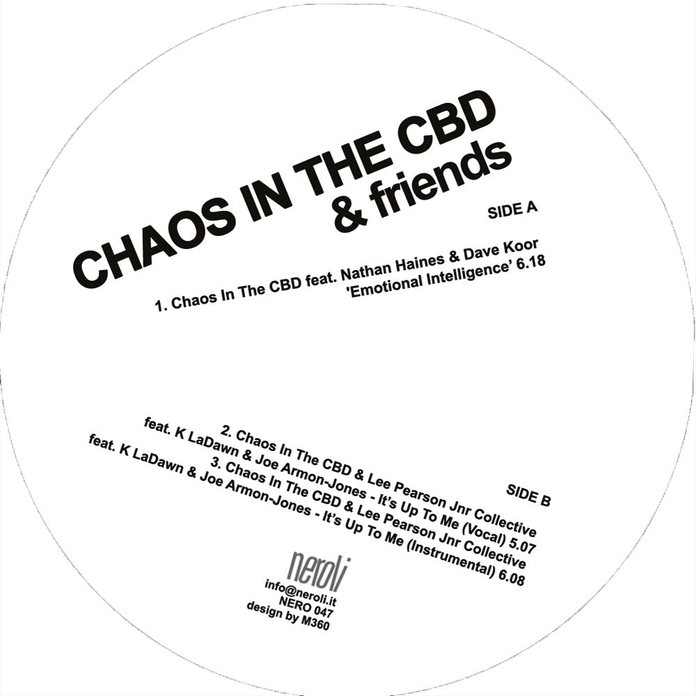 Etiqueta central lado A del vinilo Chaos In The CBD & Friends – Emotional Intelligence / It's Up To Me 12” en sello Neroli con pistas, créditos y catálogo visibles.