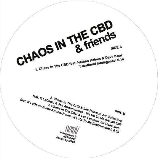 Etiqueta central lado A del vinilo Chaos In The CBD & Friends – Emotional Intelligence / It's Up To Me 12” en sello Neroli con pistas, créditos y catálogo visibles.