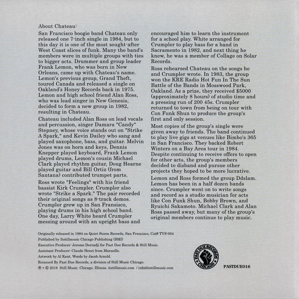 Contraportada del vinilo Chateau – Feelings / Strike A Spark con texto biográfico y créditos completos de la reedición 7" 45 RPM en el sello Past Due, diseño limpio y lectura clara.