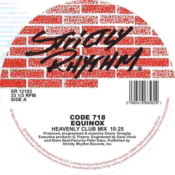 Portada del vinilo Code 718 – Equinox lanzado por Strictly Rhythm en formato 12". Diseño con el logo de Strictly Rhythm sobre fondo de ladrillos. Texto impreso: créditos de producción, mezcla y duración del track "Heavenly Club Mix".