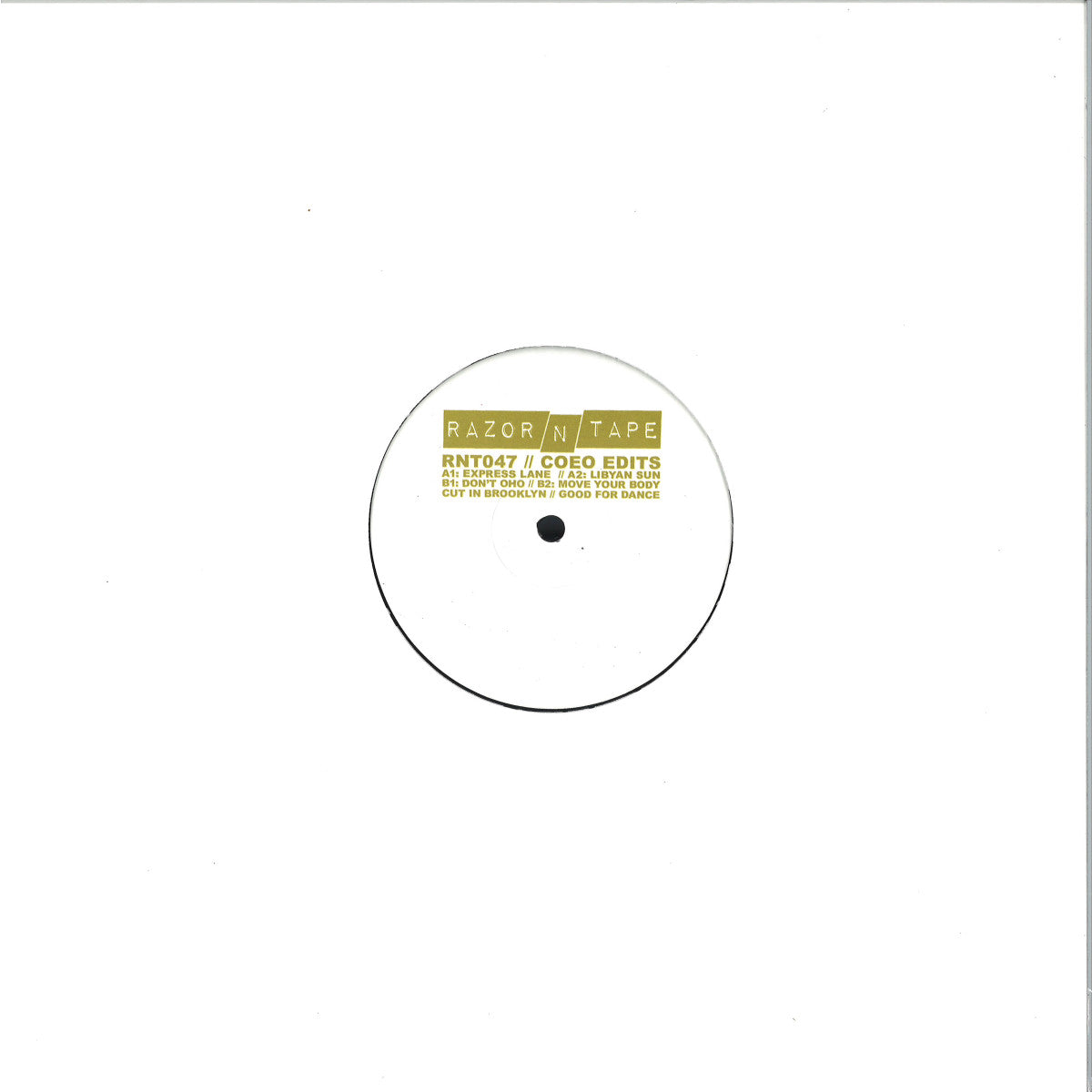 Funda blanca del vinilo 12" COEO – COEO Edits en Razor-N-Tape, mostrando al centro la etiqueta con créditos y títulos.