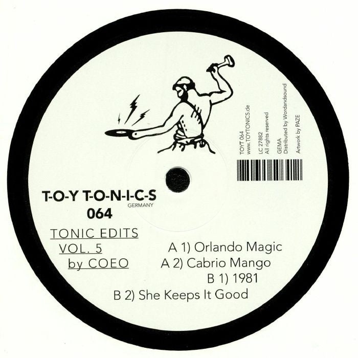 Portada trasera del vinilo COEO – Tonic Edits Vol. 5, editado por Toy Tonics en 12". Incluye tracklist con cuatro temas y detalles de producción.