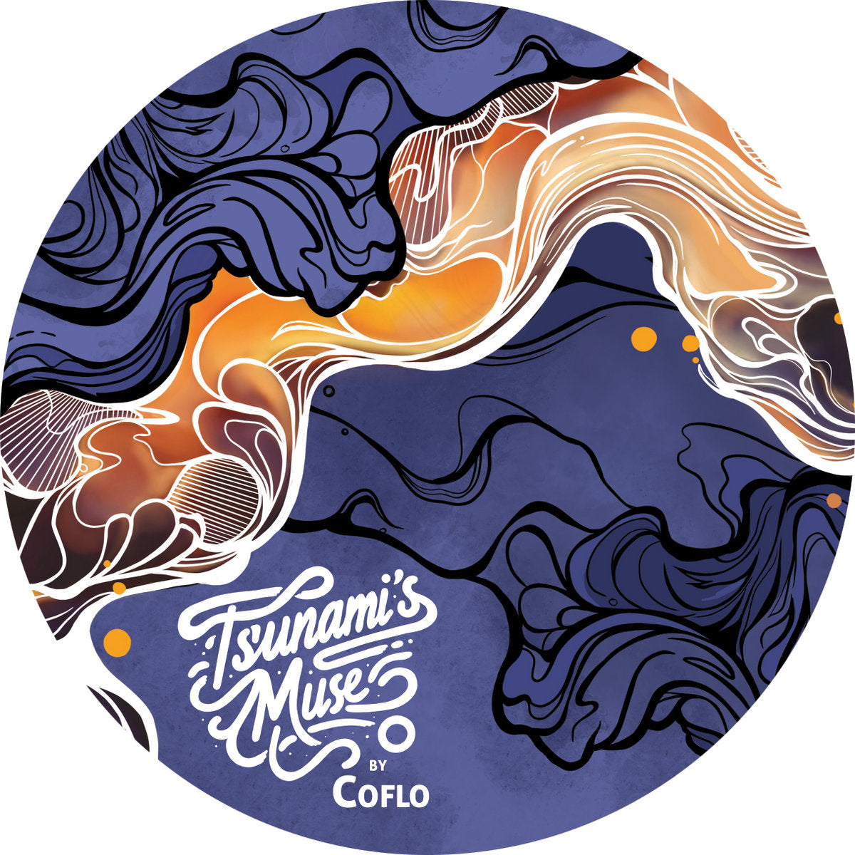 Etiqueta central lado A del vinilo 12" Coflo – Tsunami's Muse en Sacred Medicine con logo artístico y diseño abstracto.