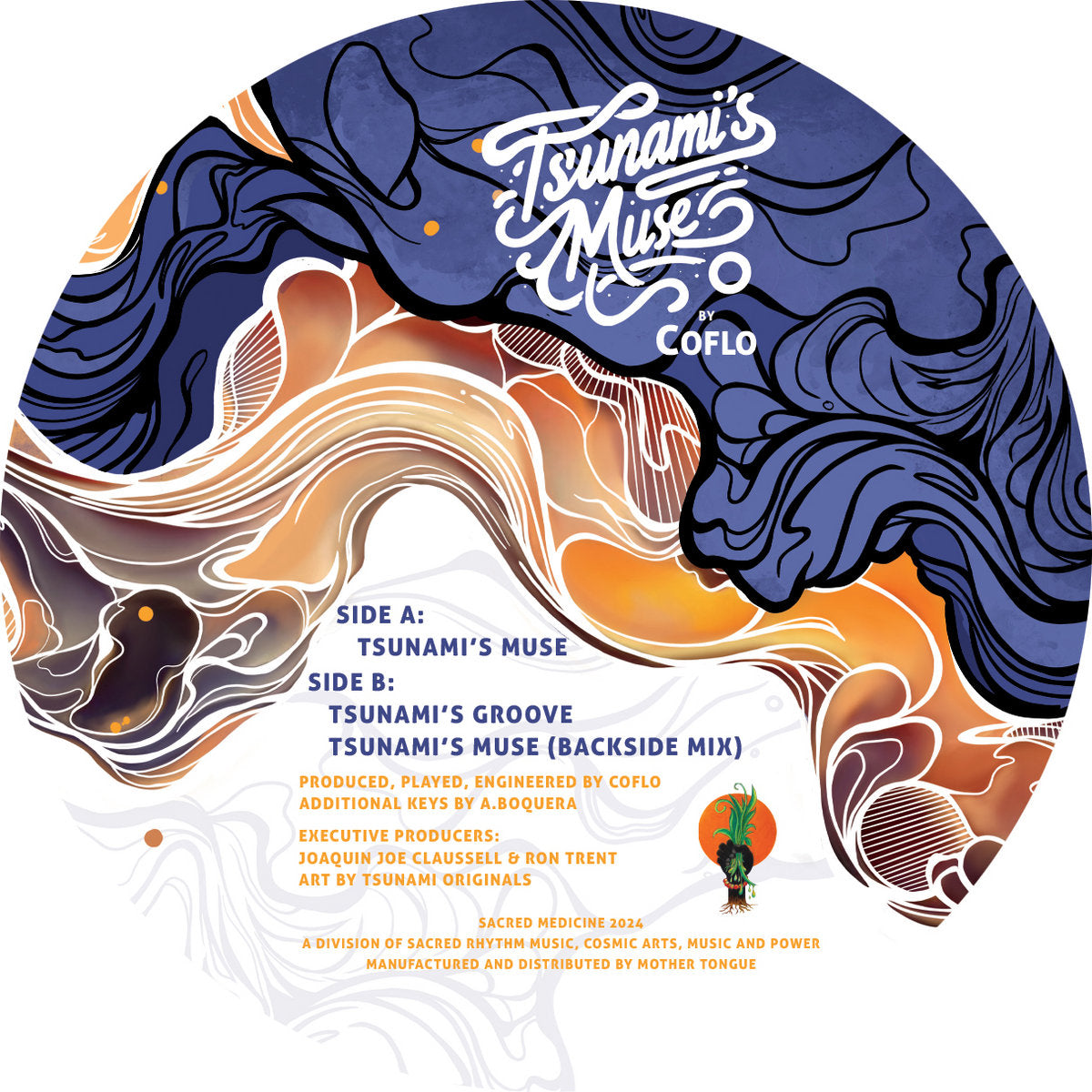 Etiqueta central lado B del vinilo 12" Coflo – Tsunami's Muse en Sacred Medicine mostrando listado de pistas, créditos y arte visual.