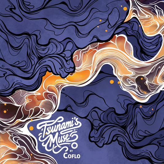 Vinilo 12" Coflo – Tsunami's Muse en Sacred Medicine con arte abstracto azul y dorado en portada.