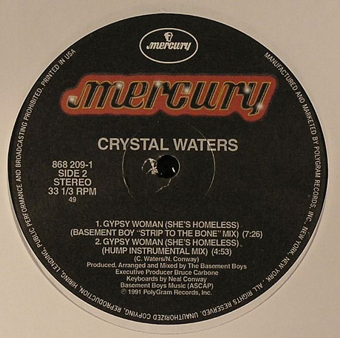 Contraportada del vinilo de Crystal Waters - "Gypsy Woman (She’s Homeless)", lanzado por Mercury en formato 12". Incluye lista de canciones y créditos de producción.