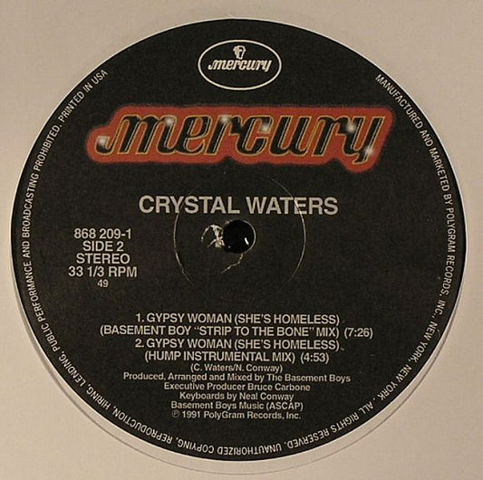 Contraportada del vinilo de Crystal Waters - "Gypsy Woman (She’s Homeless)", lanzado por Mercury en formato 12". Incluye lista de canciones y créditos de producción.
