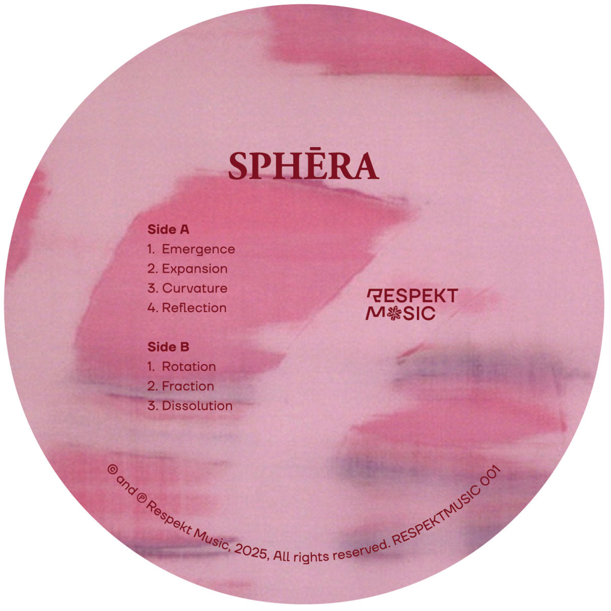 Lado B del vinilo Daniel Carter & N/UM – Sphēra LP de Respekt Music, etiqueta con tracklist completo, logo del sello y diseño rosa difuminado.