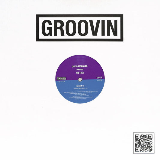 Contraportada del vinilo David Morales Presents The Face – Needin' U, lado B visible con código QR y logo Groovin Recordings.