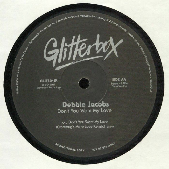 Portada trasera del vinilo "Don't You Want My Love (Remixes)" de Debbie Jacobs, editado por Glitterbox en 12". Contiene la pista AA: "Don't You Want My Love (Cratebug's More Love Remix)".