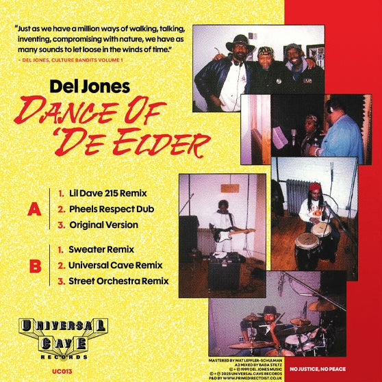Contraportada del vinilo Del Jones – Dance Of 'De Elder (12", Universal Cave) con fotos de estudio, créditos y listado de remixes de los lados A y B.