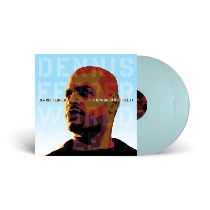 Imagen promocional del vinilo Dennis Ferrer – The World As I See It en color azul con portada frontal. Texto impreso: portada con nombre del artista y título del álbum.